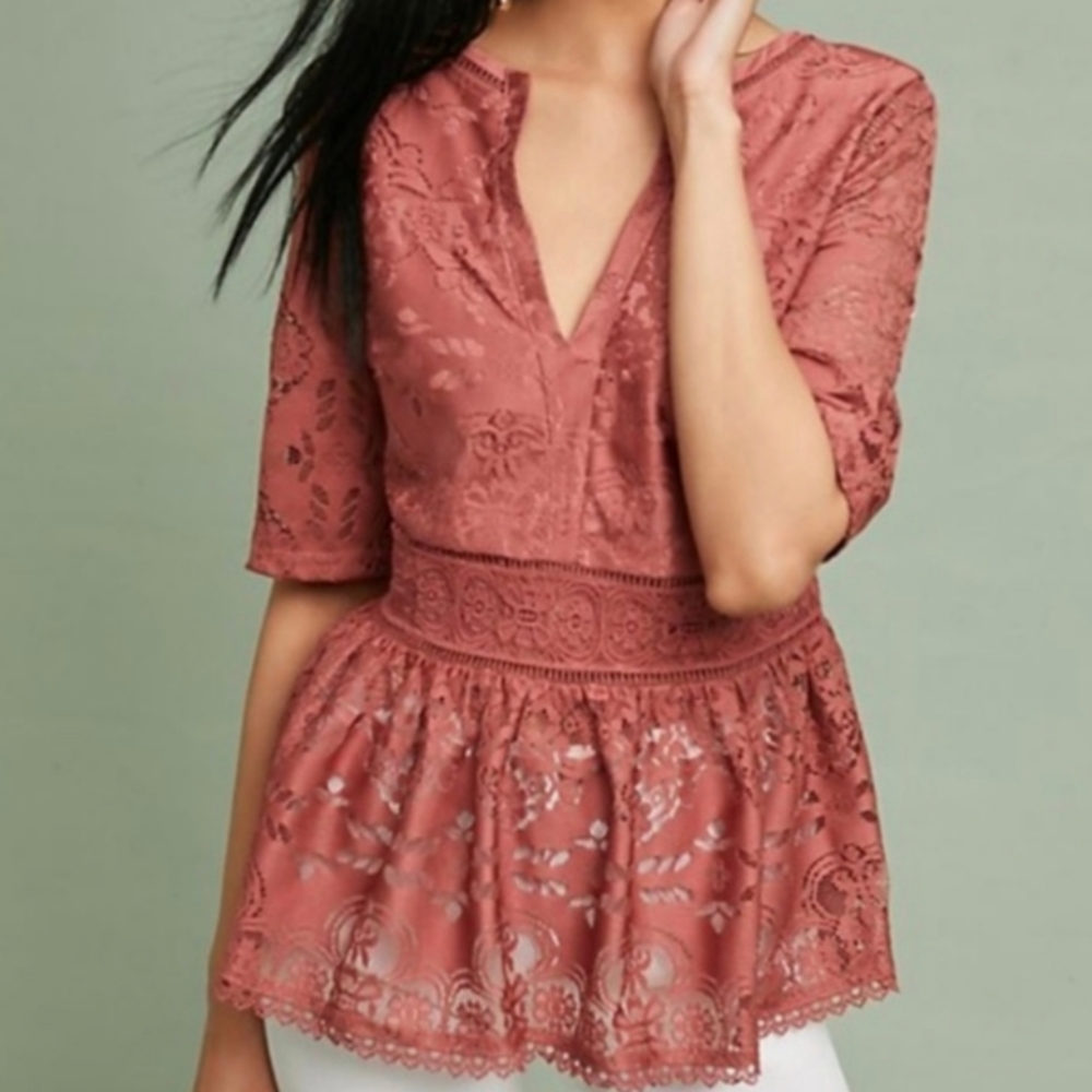 Anthropologie Blue Tassel Mauve Boho Peplum Top